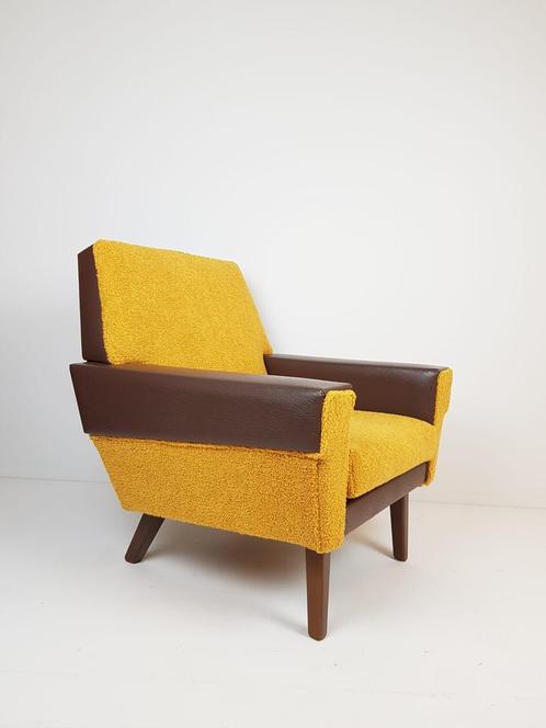 Armchair in ochre yellow and brown skai teddy fabric