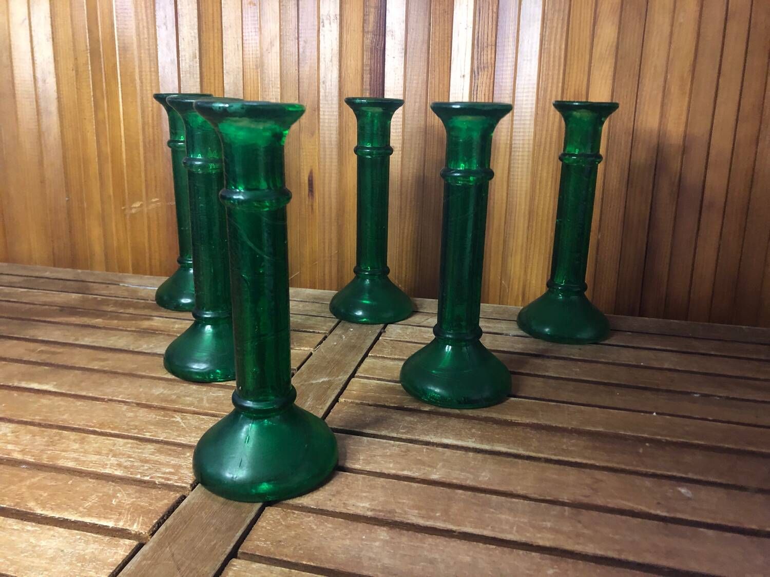 Series of 6 old vintage green bubble molded glass candlesticks #a529