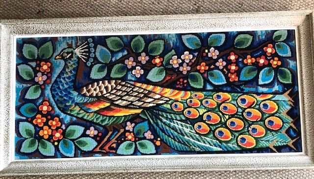 Vintage wall tapestry 1970 very colorful peacock
