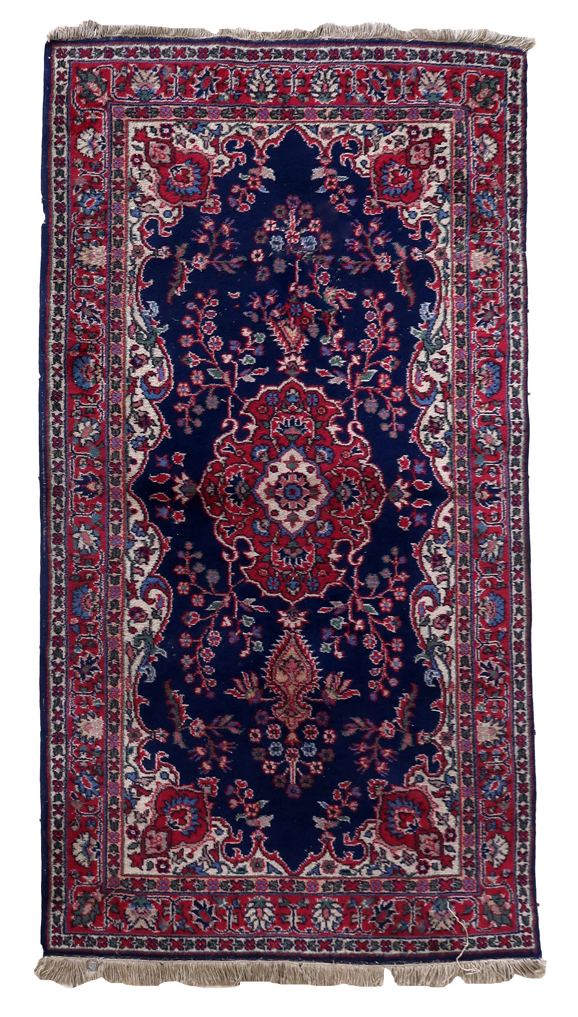 Tapis Kerman Antique – Laine Bleue Vive & Rouge – 117 x 218 cm