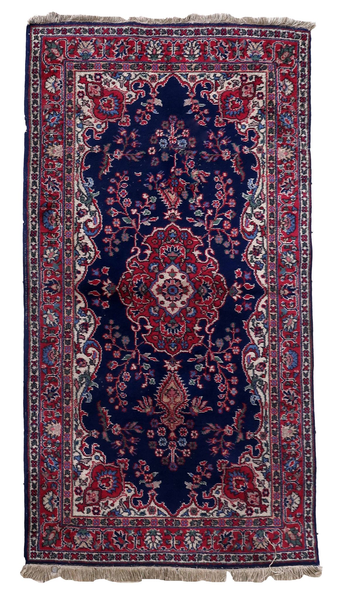 Tapis Kerman antique en laine bleue et rouge
