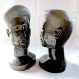 Two large Makonde warrior heads in ebony circa 1940