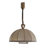 Large leather, vellum and brass Italian cocoon chandelier, Italy 1950s