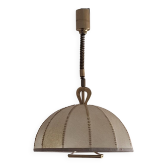 Large leather, vellum and brass Italian cocoon chandelier, Italy 1950s