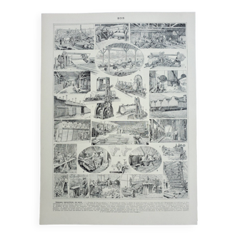 Gravure ancienne 1928, Bois 2, industriel, menuiserie, scierie • Lithographie, Planche originale