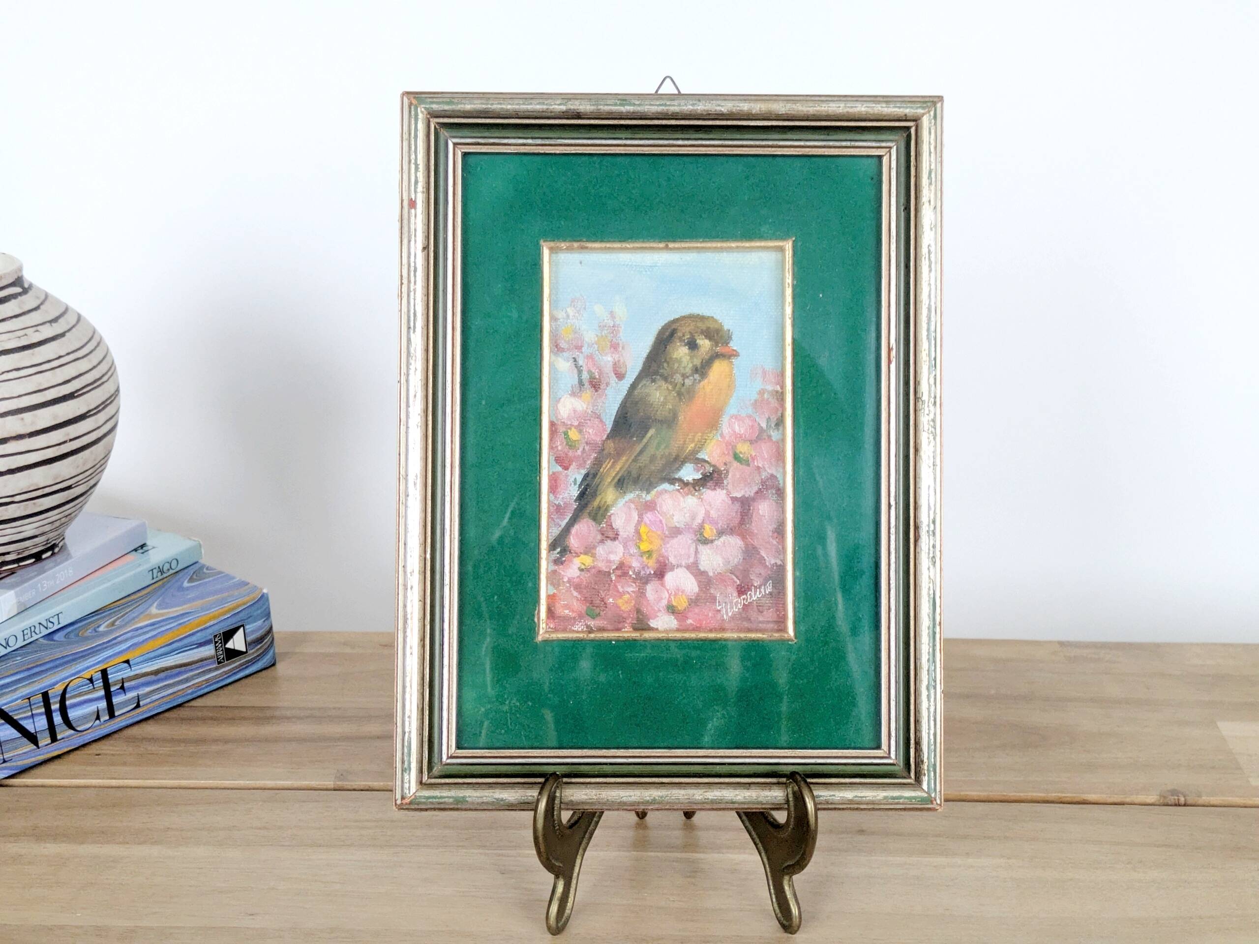 Vintage oil painting signed, robin, distressed frame.
