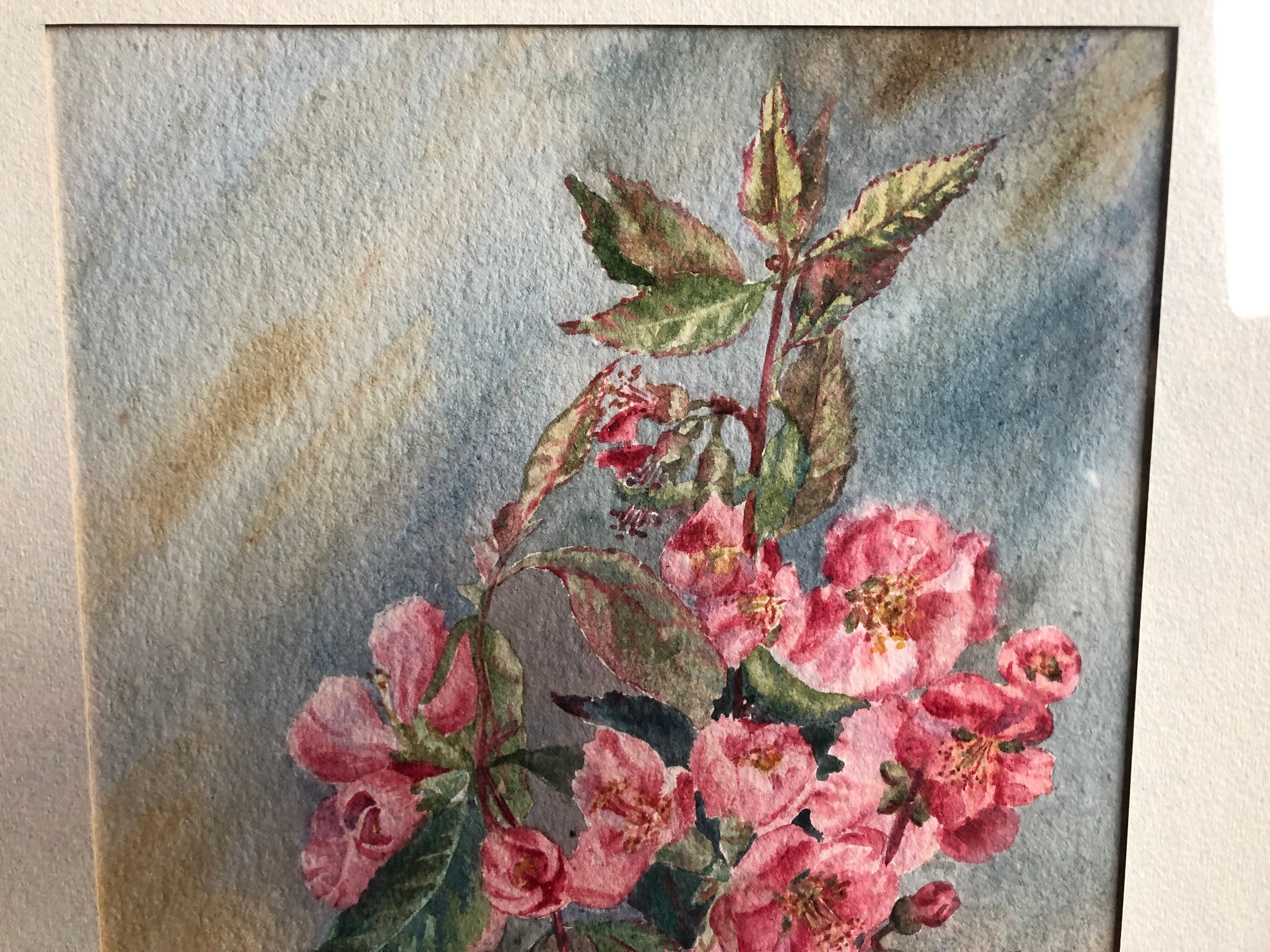 Watercolor painting m. buffeteau bouquet flowers signed & frame gilded wood vintage