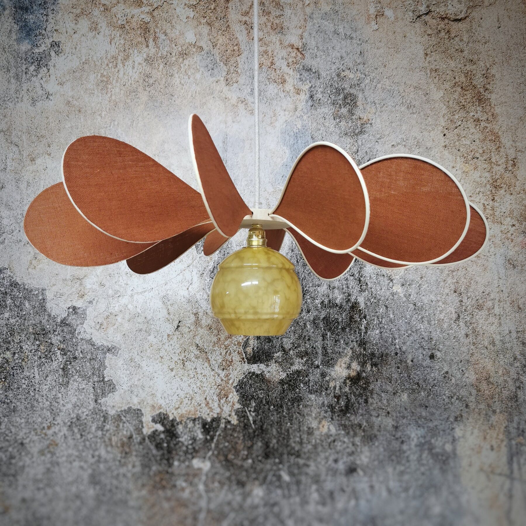 Pendant light flower 12 blades linen, rattan and glass globe of Clichy