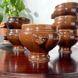 6 vintage Emile Henry lion's head onion soup bowls in ceramic - brown, made in France.