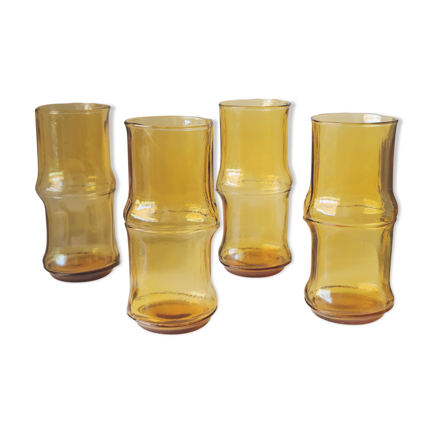4 vintage orangeade glasses in yellow glass in the shape of bamboo