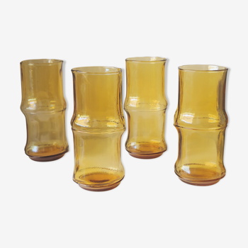 4 verres à orangeade vintage en verre jaune en forme de bambou