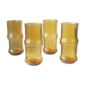 4 vintage orangeade glasses in yellow glass in the shape of bamboo