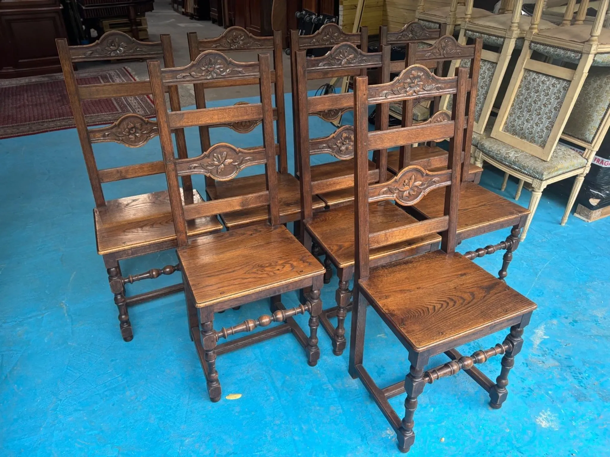 Set of 8 Rustic Chairs in Henri II Style, Carved Oak
