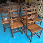 Set of 8 Rustic Chairs in Henri II Style, Carved Oak