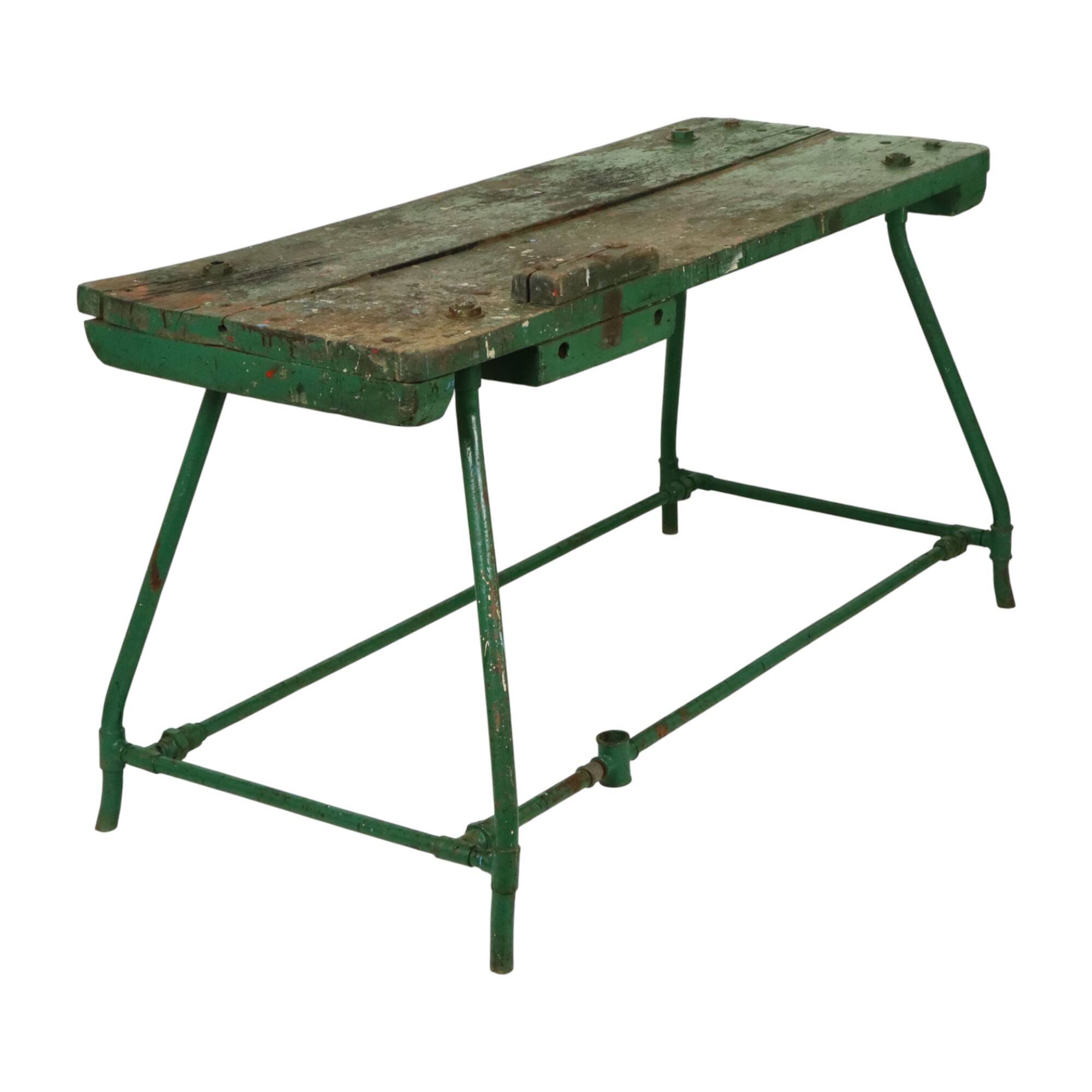 Unique Green Industrial Workbench Work Table Wood Metal 160cm