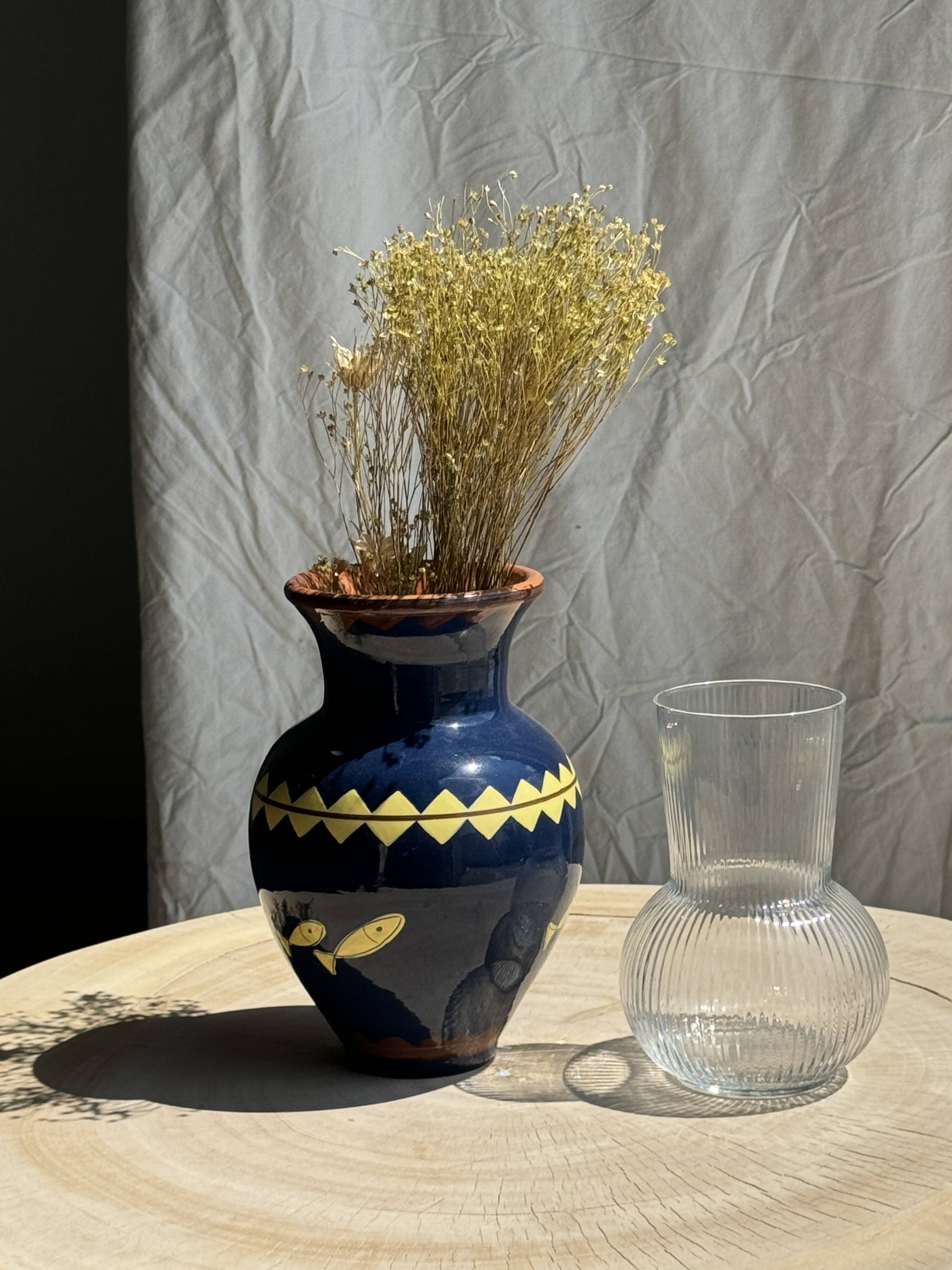 Ribbed glass ball vase