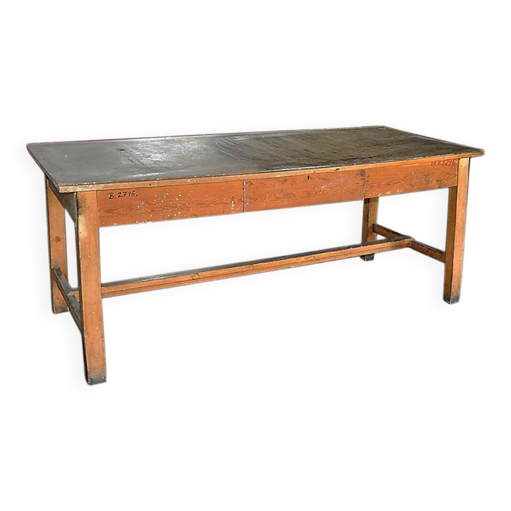 Large industrial workshop table in brown wood, wide top and sturdy vintage legs.