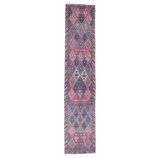 1970s Turkish Handmade Wool Diamond Pink Purpler Runner Rug 77x392