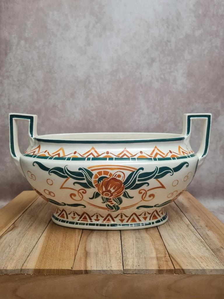 Art Deco Jardinière Moulin des Loups Orchies – stylised green & terracotta decoration – double handle