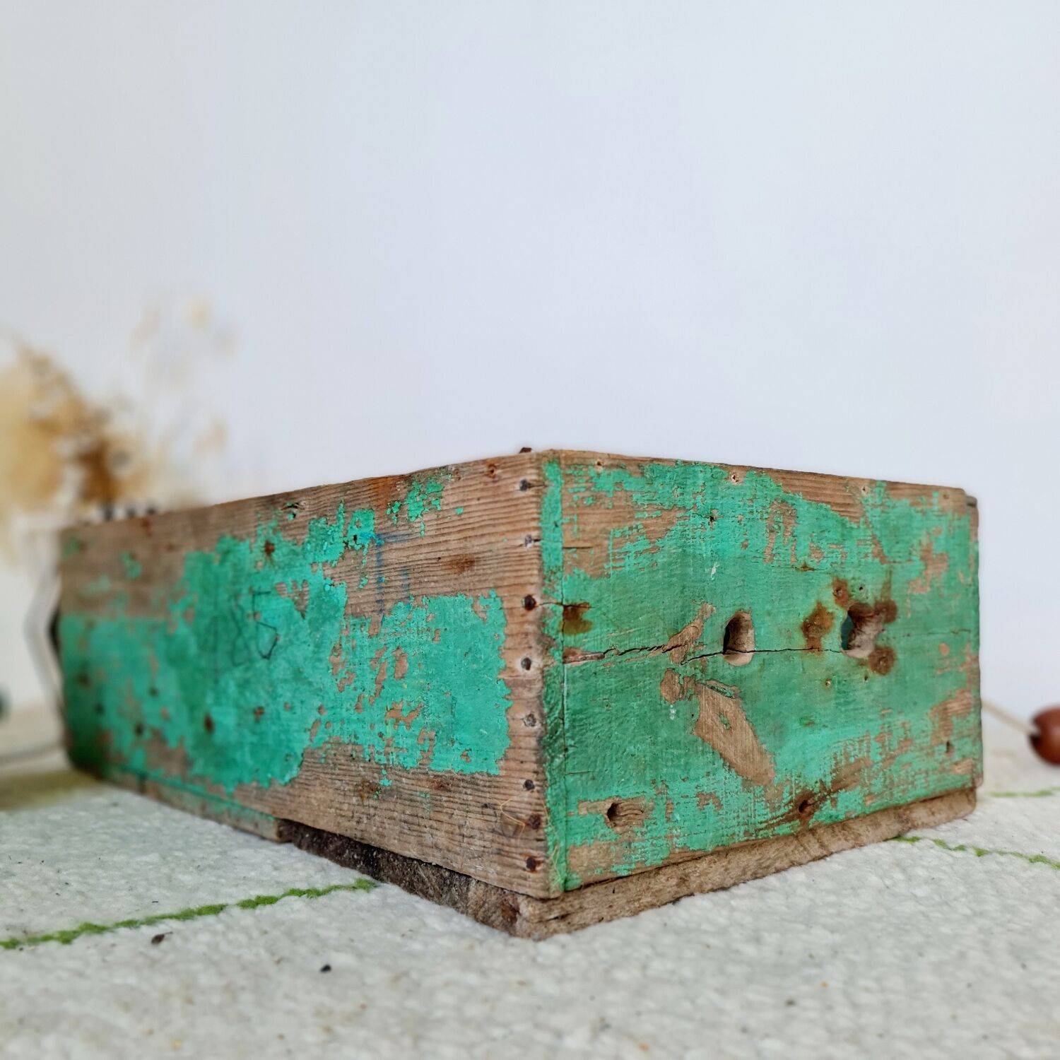 Patinated green wooden box