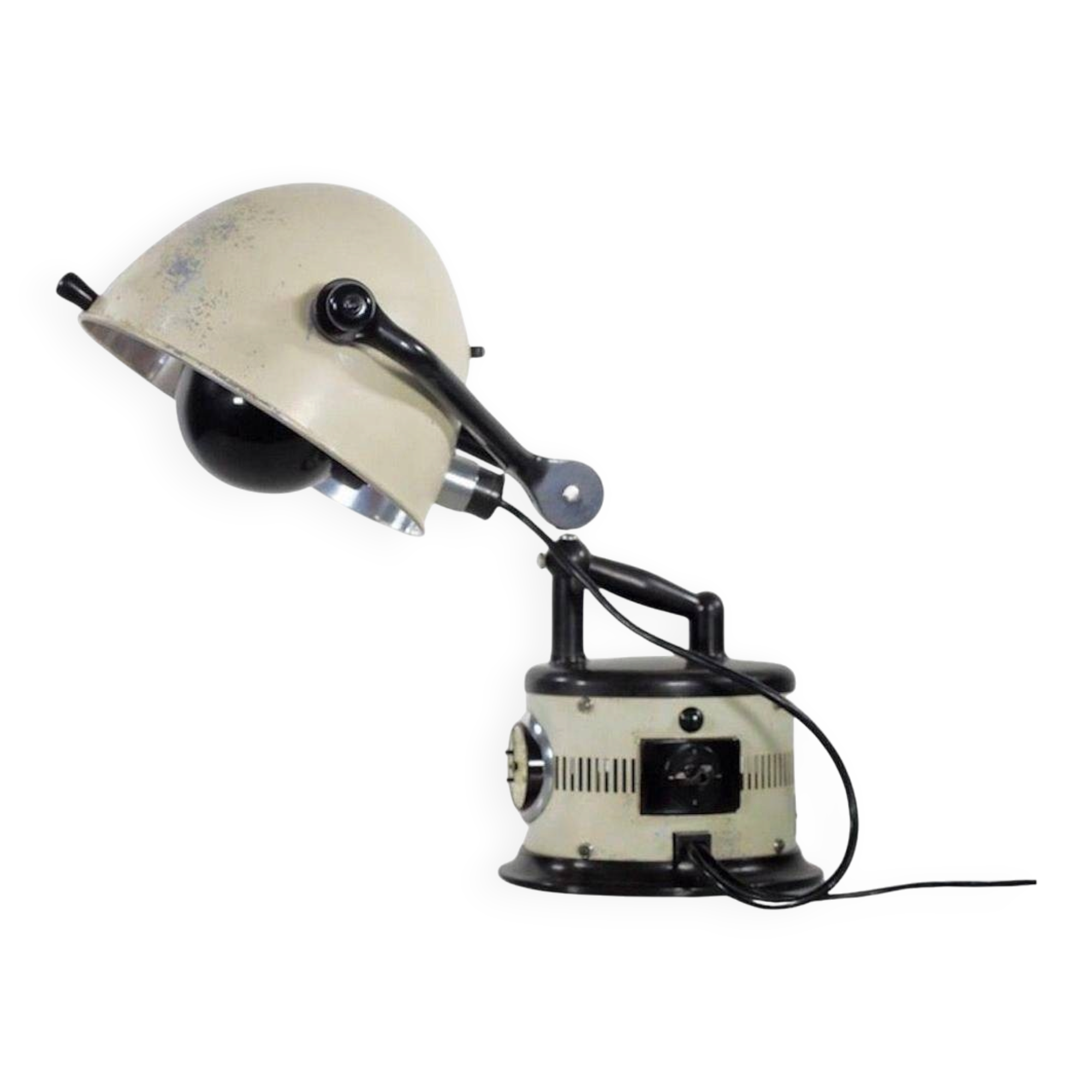 Black and white table lamp made from a 1940s solar lamp.