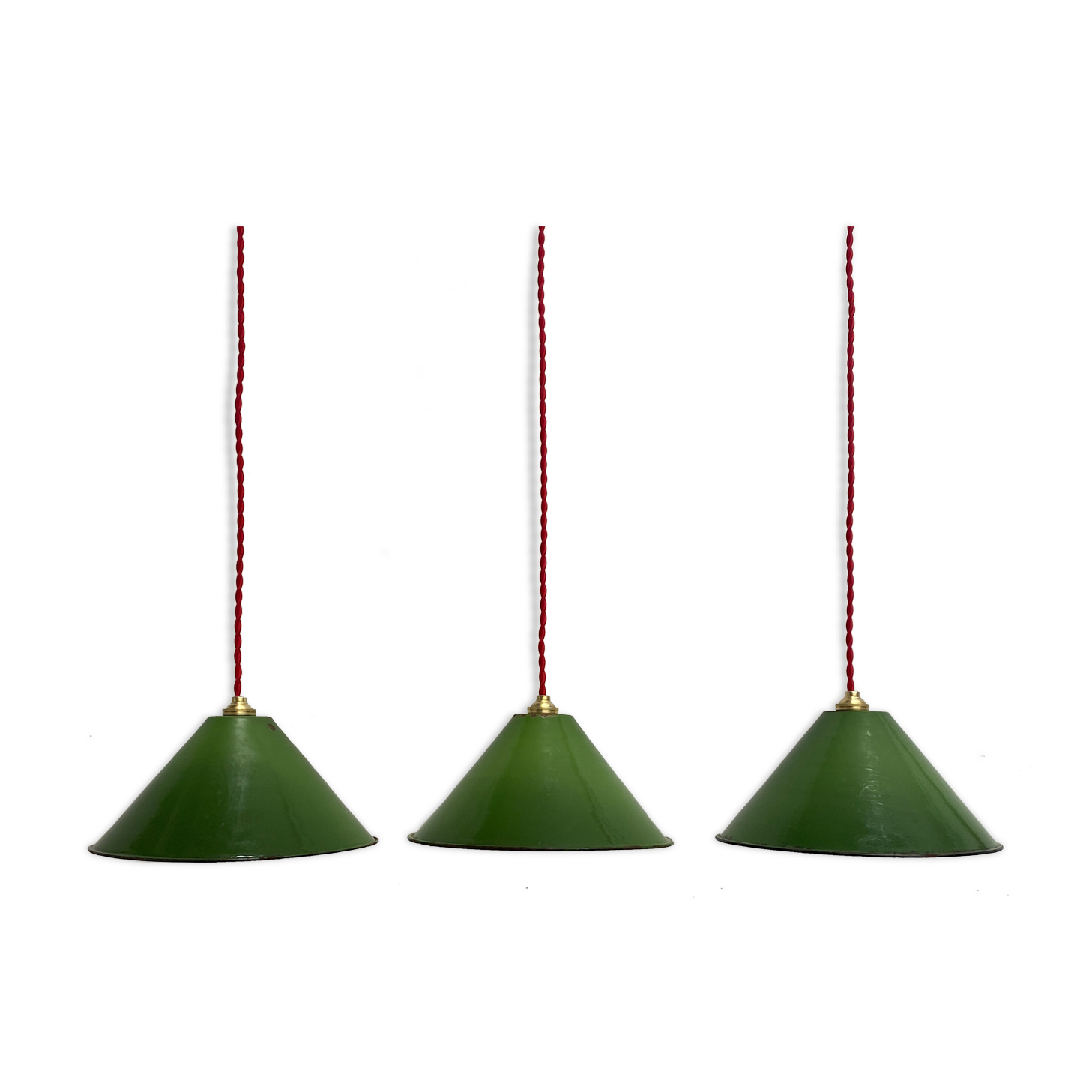 Lot 3 old industrial conical suspensions emaillees 25 cm
