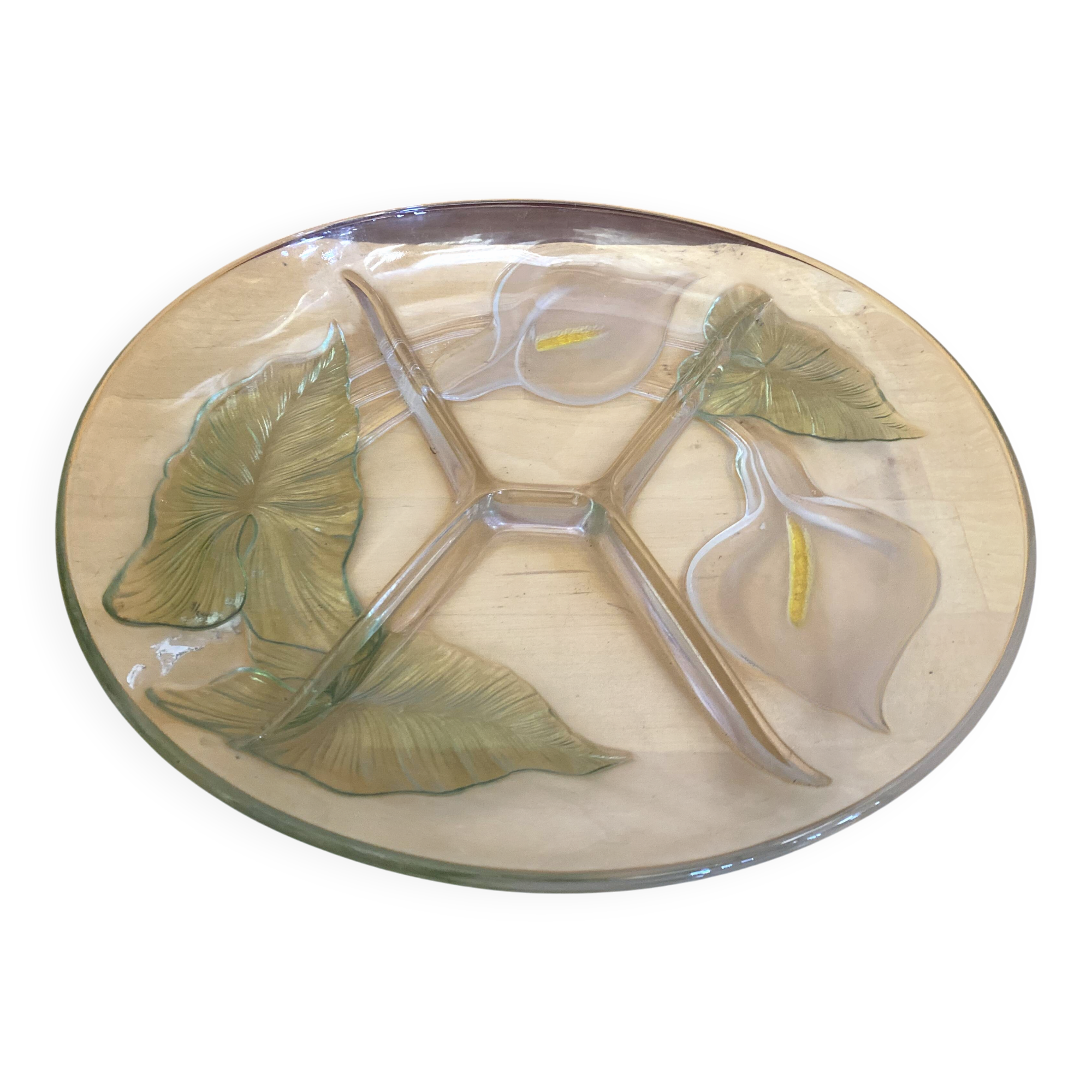 Plat mendiant ancien luminarc design arum lilly verre moulé décor fleu