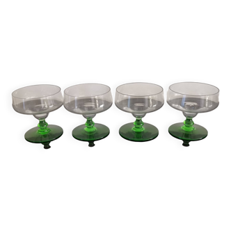 Set of 4 champagne glasses on green legs, 1960s