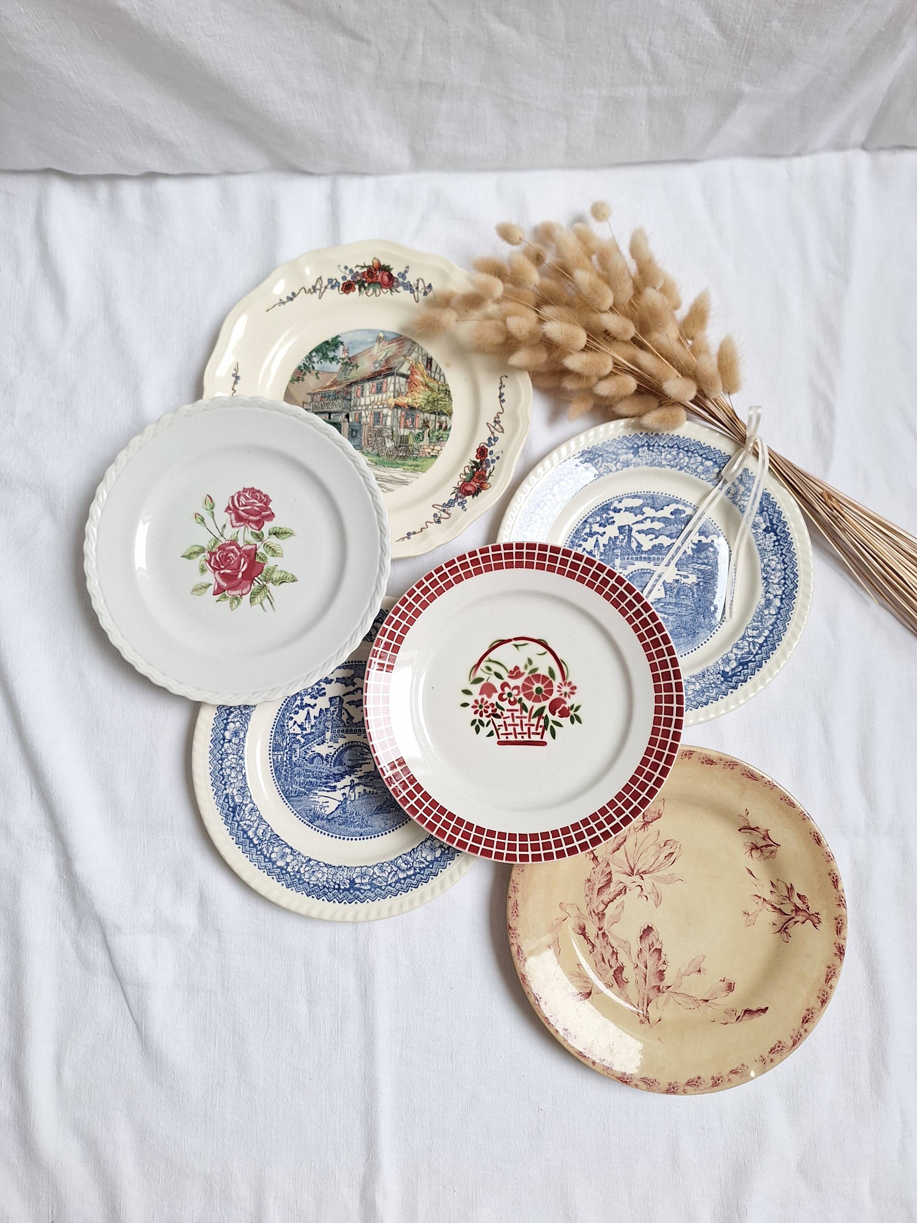 6 blue and pink dinner plates