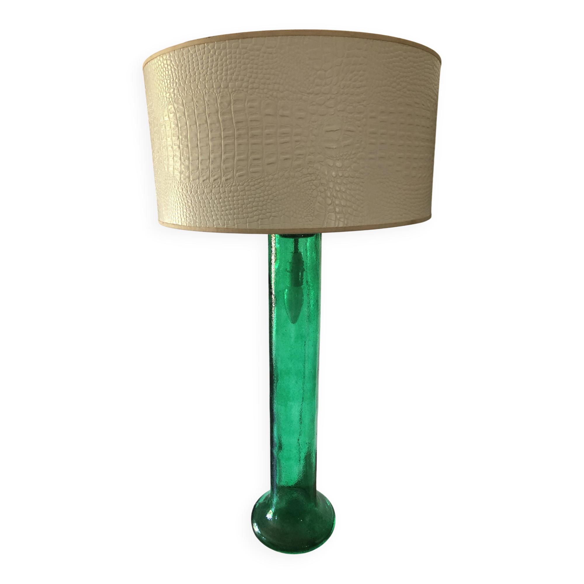 Retro table lamp with glass base and crocodile effect leather shade.