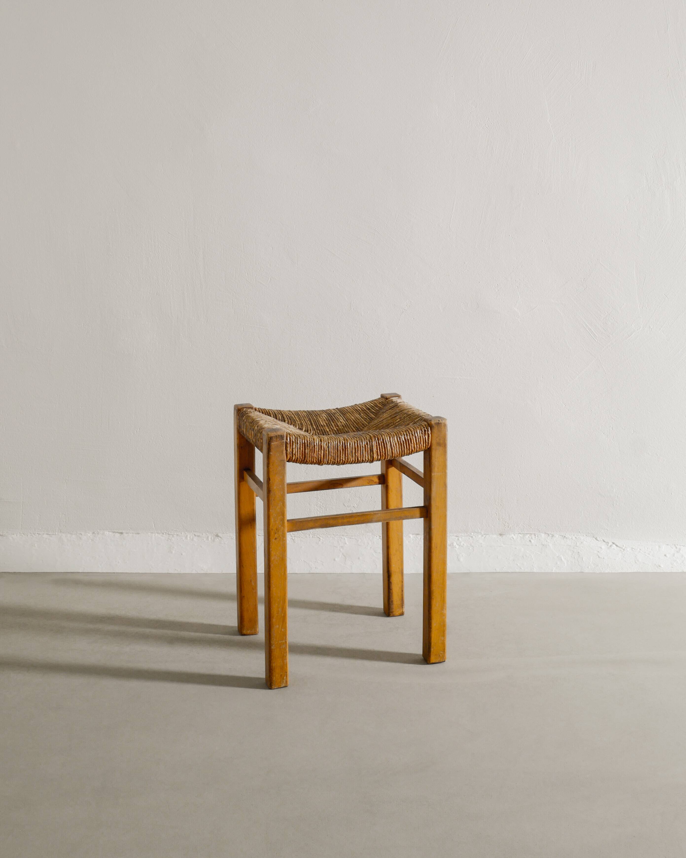 Vintage French Mid Century Wooden Four Legged Rattan Straw Stool, 1960s