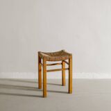 Vintage French Mid Century Wooden Four Legged Rattan Straw Stool, 1960s