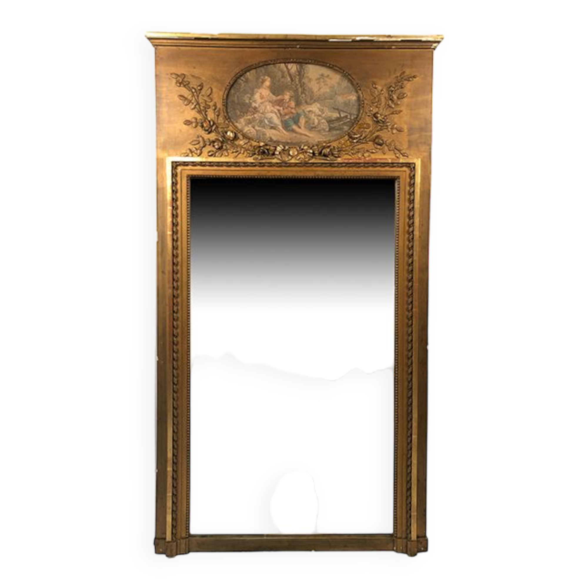 Louis XVI style trumeau in wood and gilded stucco and medallion engraving in the upper part