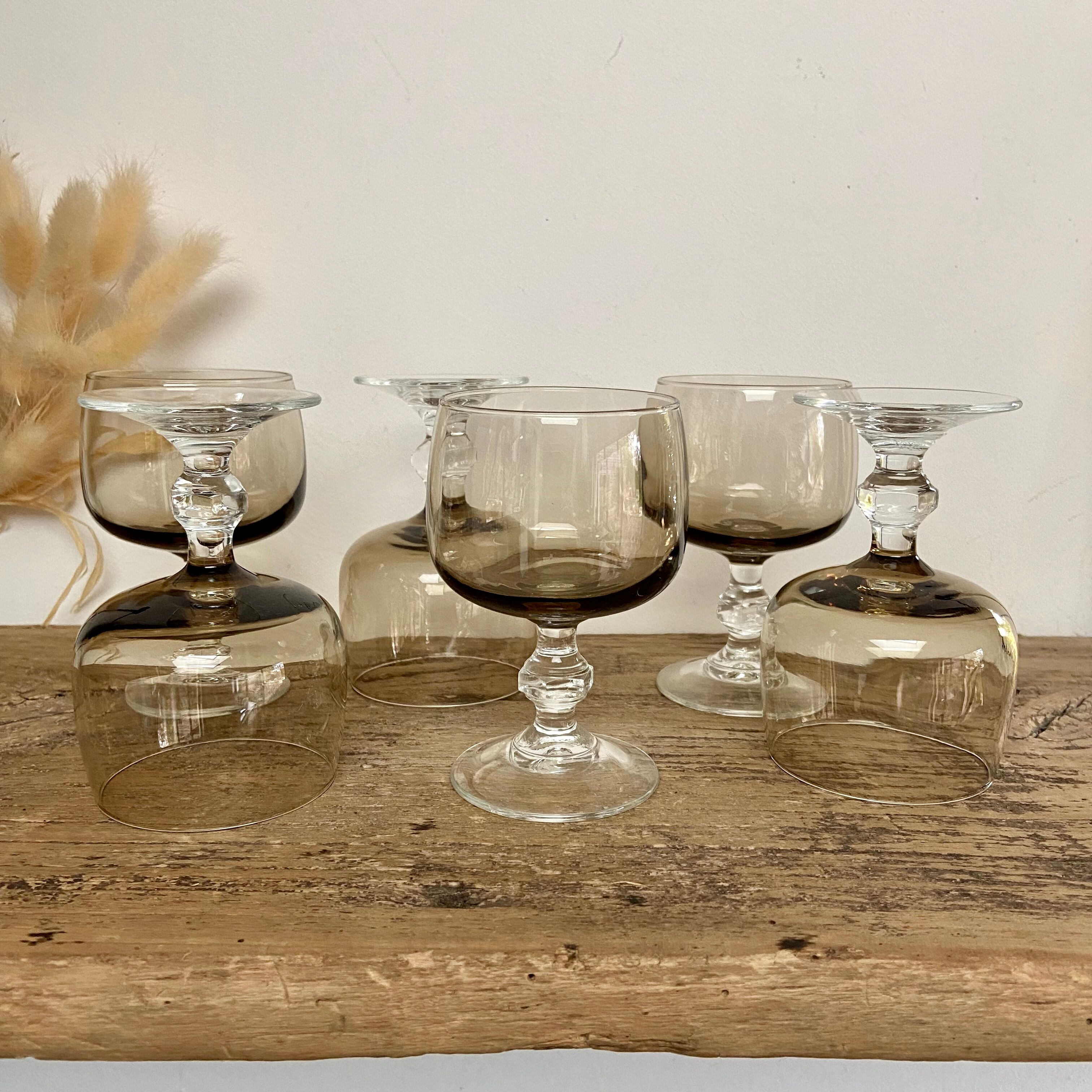6 small vintage smoked stemmed glasses