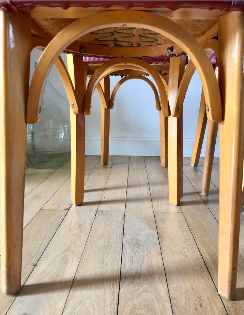 Set of 6 Luterma bistro chairs in blond wood and skaï 50s