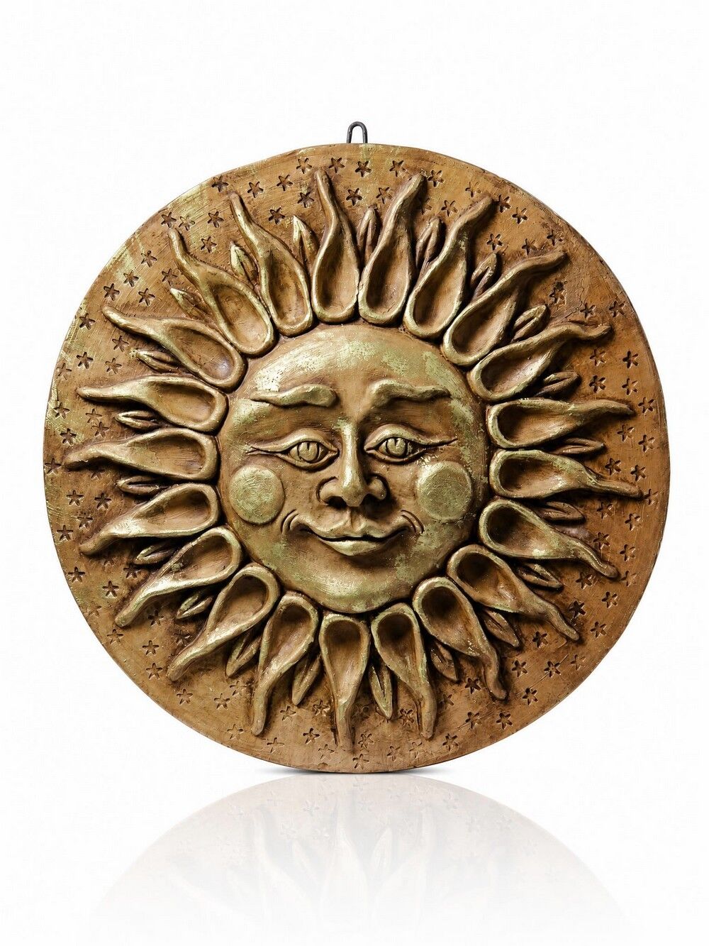 Anthropomorphic sun wall sculpture in patinated terracotta, vintage Italian craftsmanship.
