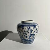 Blue and white Portuguese handmade vase with stylized pastoral pattern H:12,5cm