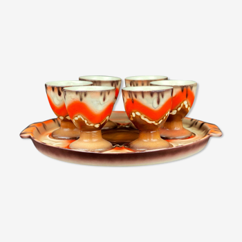 Set de 6 tasses à oeufs sur plateau assiette plat vaisselle art nouveau vintage, orange