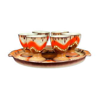 Set de 6 tasses à oeufs sur plateau assiette plat vaisselle art nouveau vintage, orange