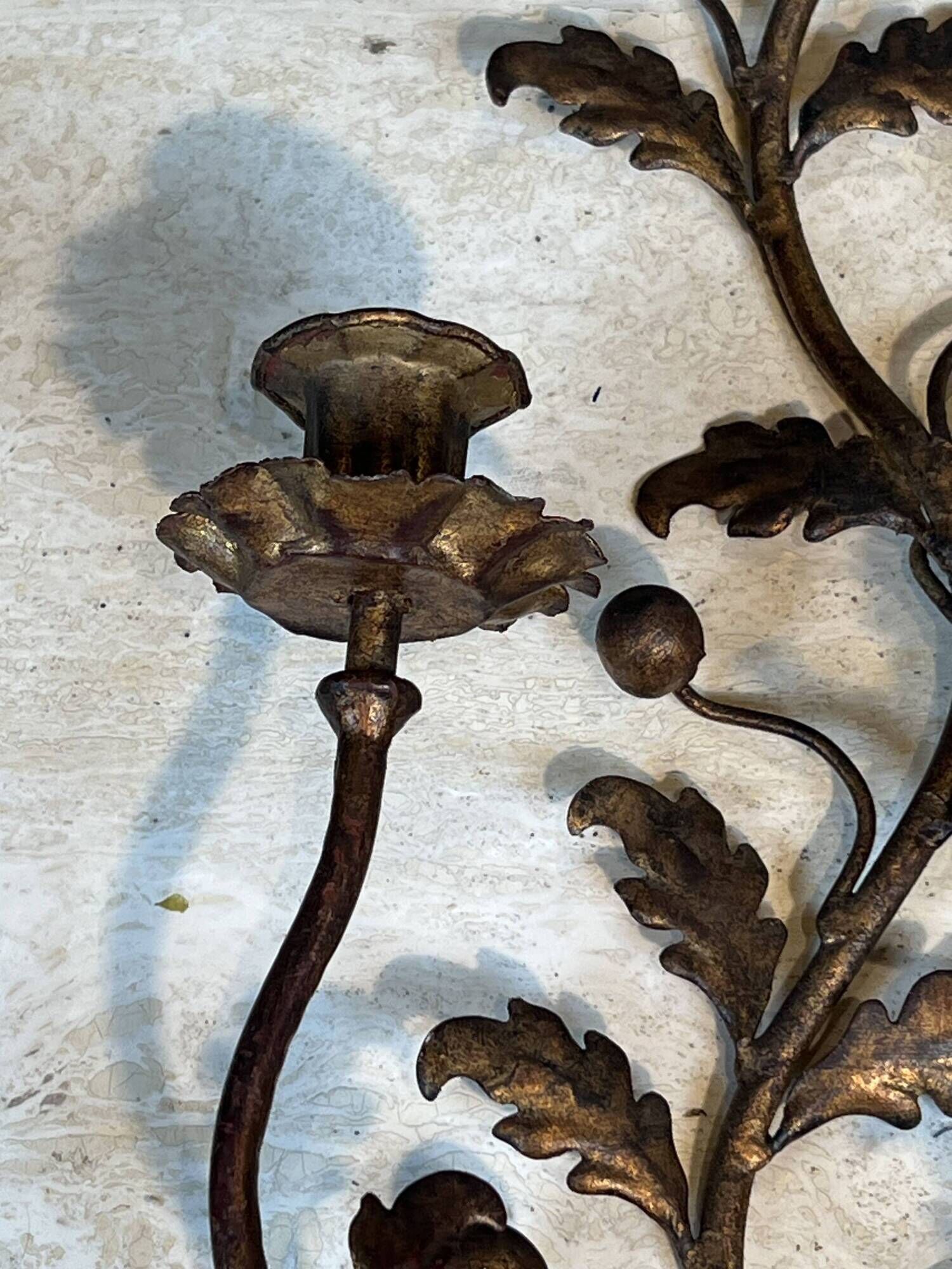 Pair of Two-Arm Wall Lights in Gold Metal with Leaf Decoration