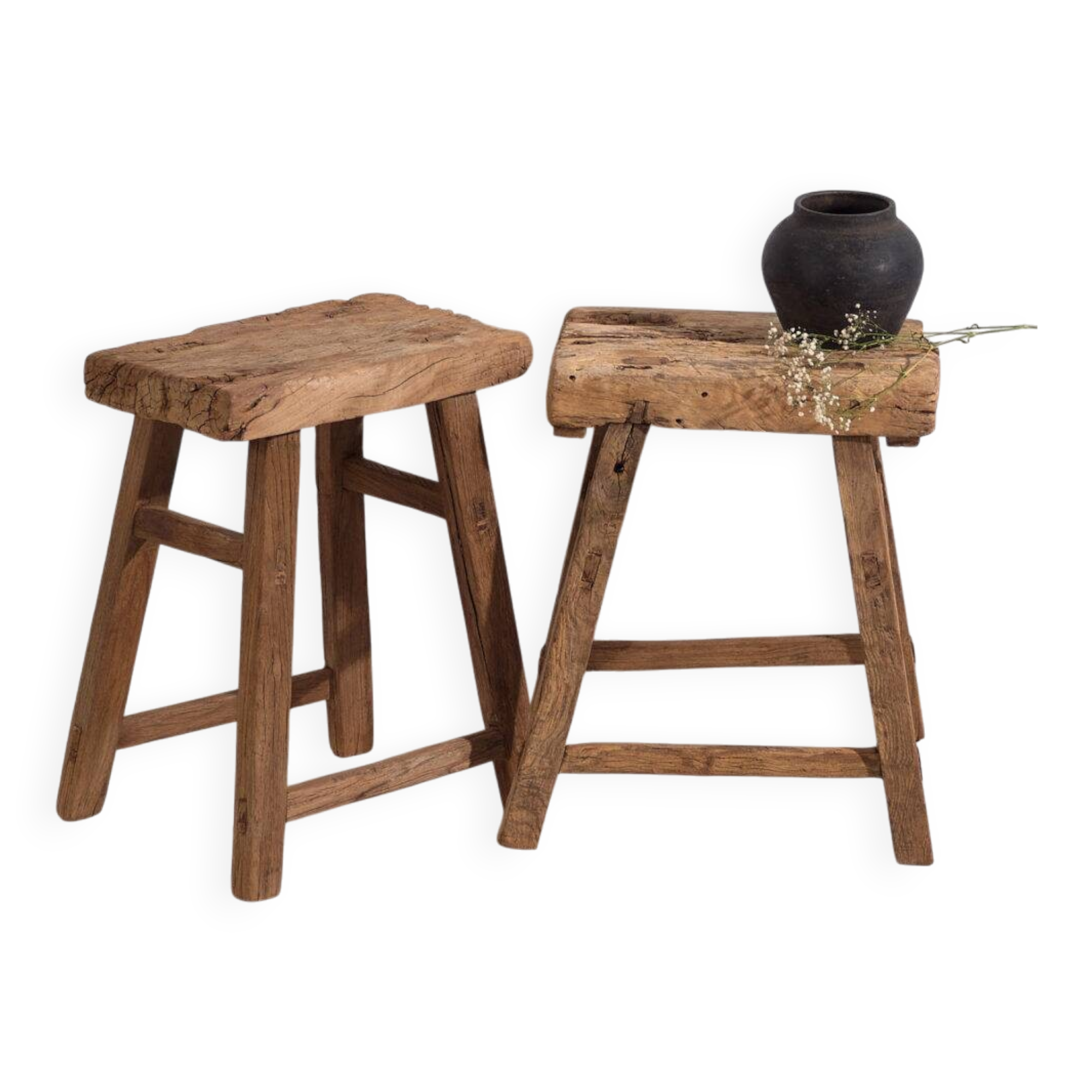Antique solid wood stools (circa 1900). Set of 2 pieces no. 2.