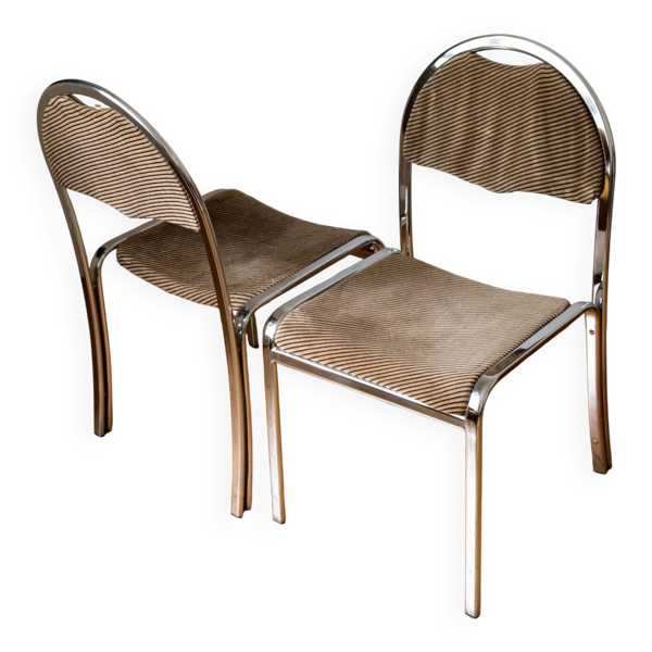 Paire de chaises italiennes métal chromé et tissu - Années 70