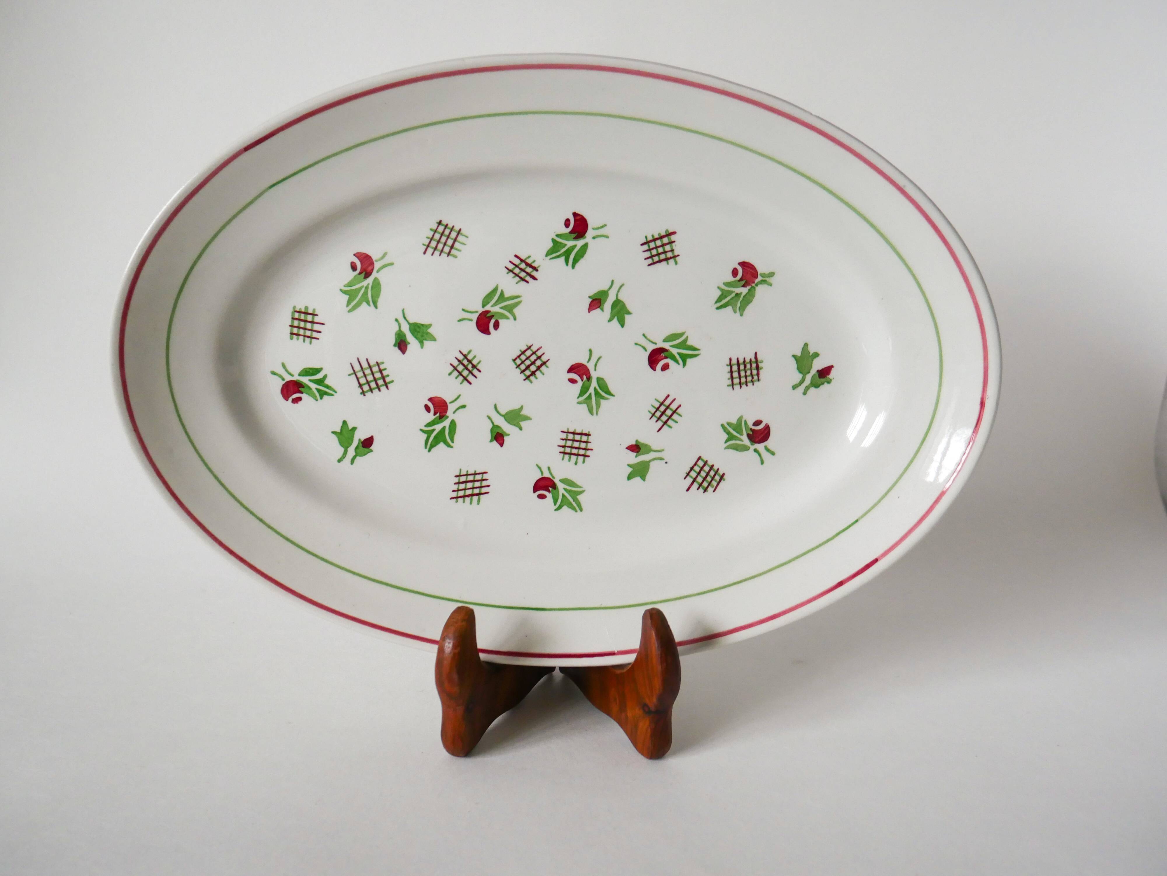 Oval digoin sarreguemines pink and green dish 1940