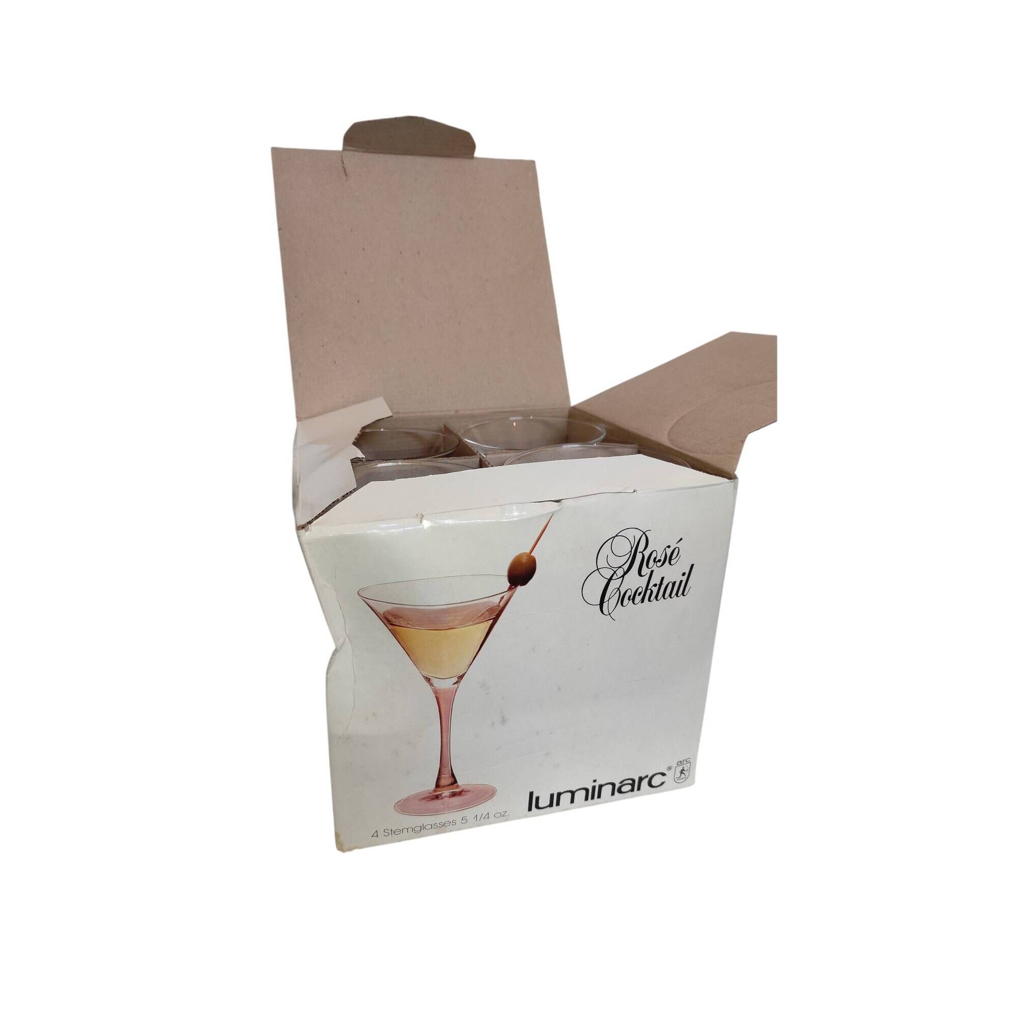 Set of 4 Luminarc Cocktail glasses with pink stems, original label from 1980.
