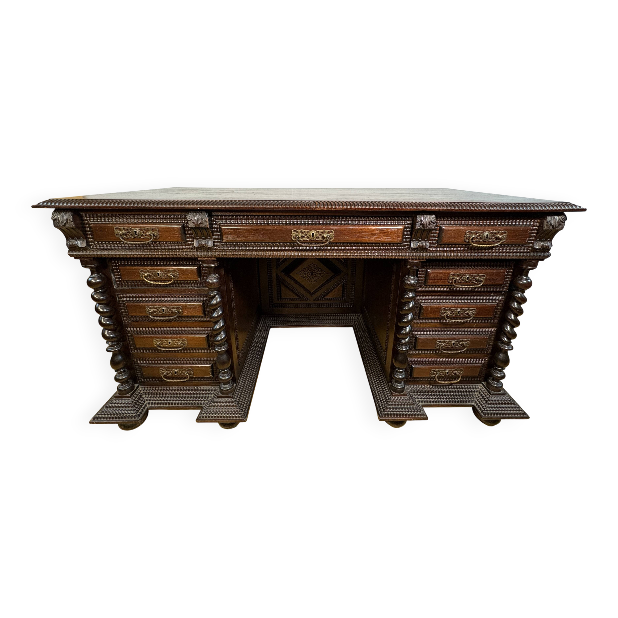 Exceptional Antique Portuguese Baroque Revival Twin Pedestal Desk  Spiral T