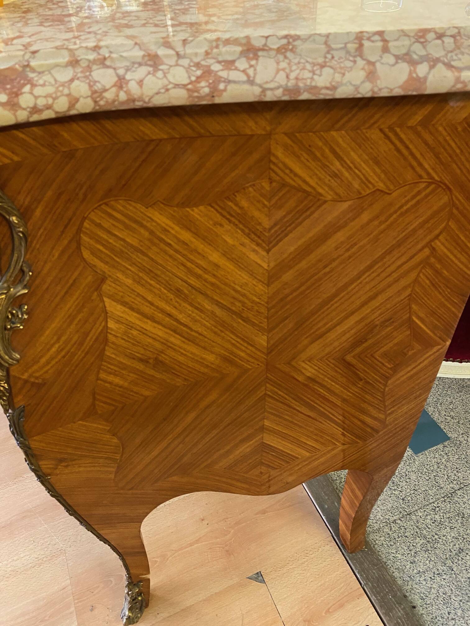 Louis xv style curved chest of drawers in marquetry with marble and embroidered floral decor