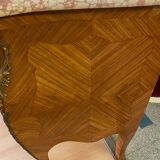 Louis xv style curved chest of drawers in marquetry with marble and embroidered floral decor