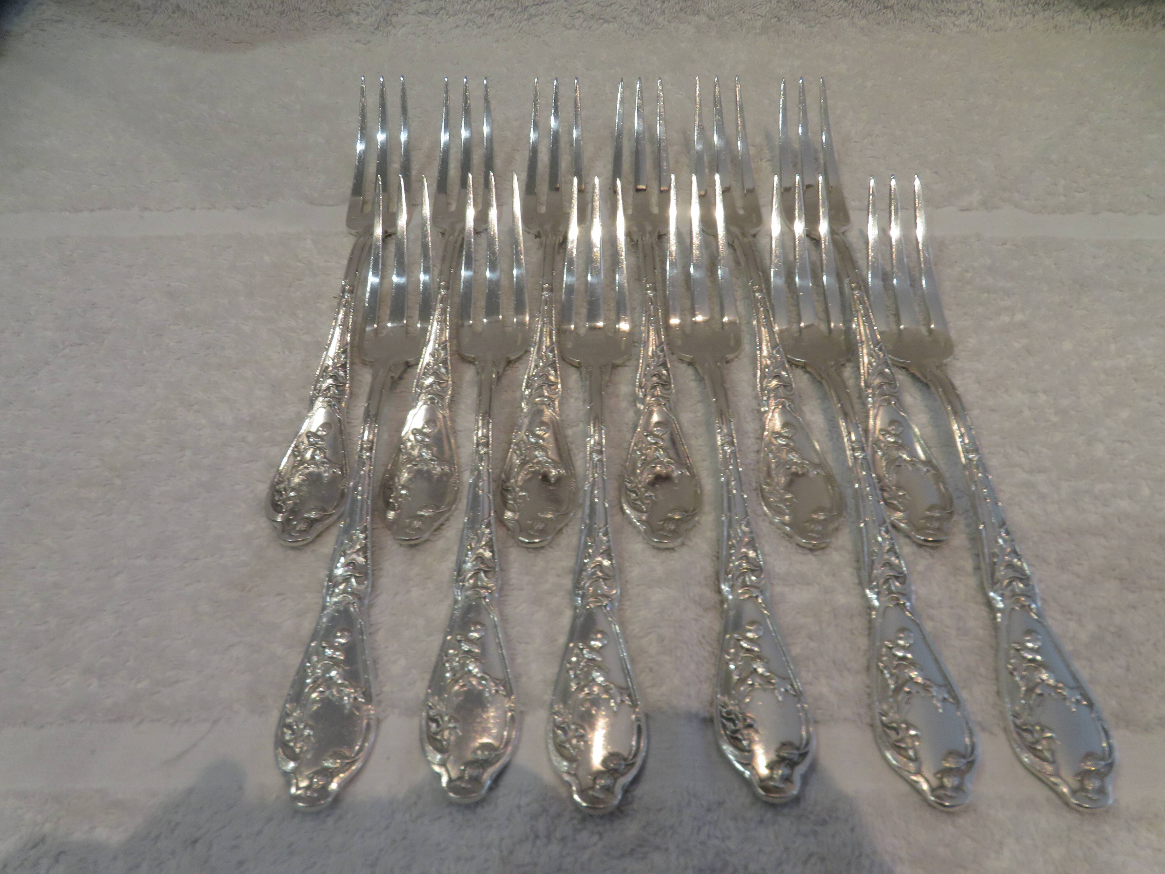 12 silver plated table forks by Boulenger, Art Nouveau Chardons