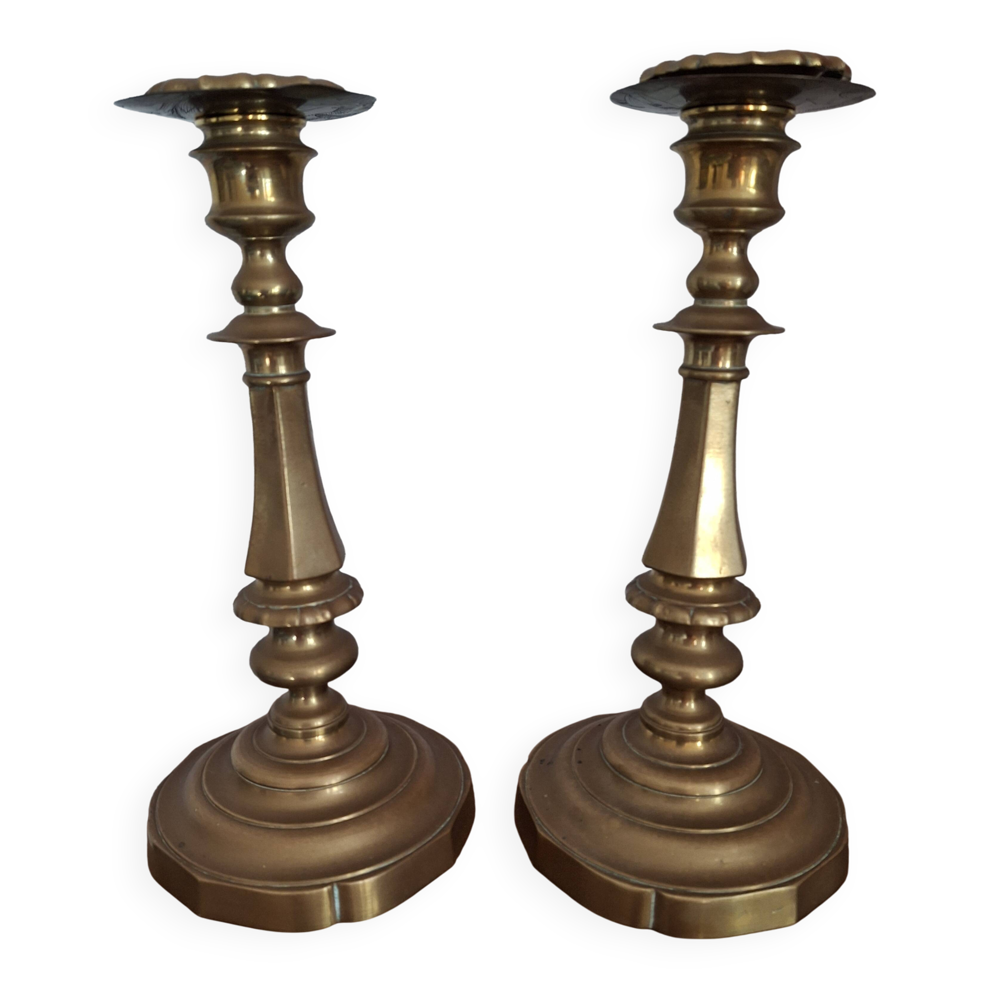 Pair of large candlesticks in gilded brass, 19th century
