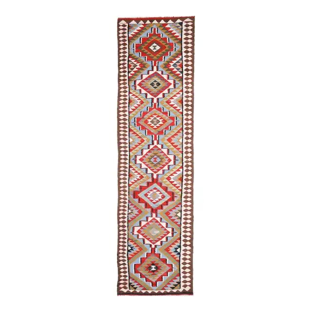 1970s Vintage Turkish Hand-Knotted Wool Cotton Red Runner Rug 93x355
